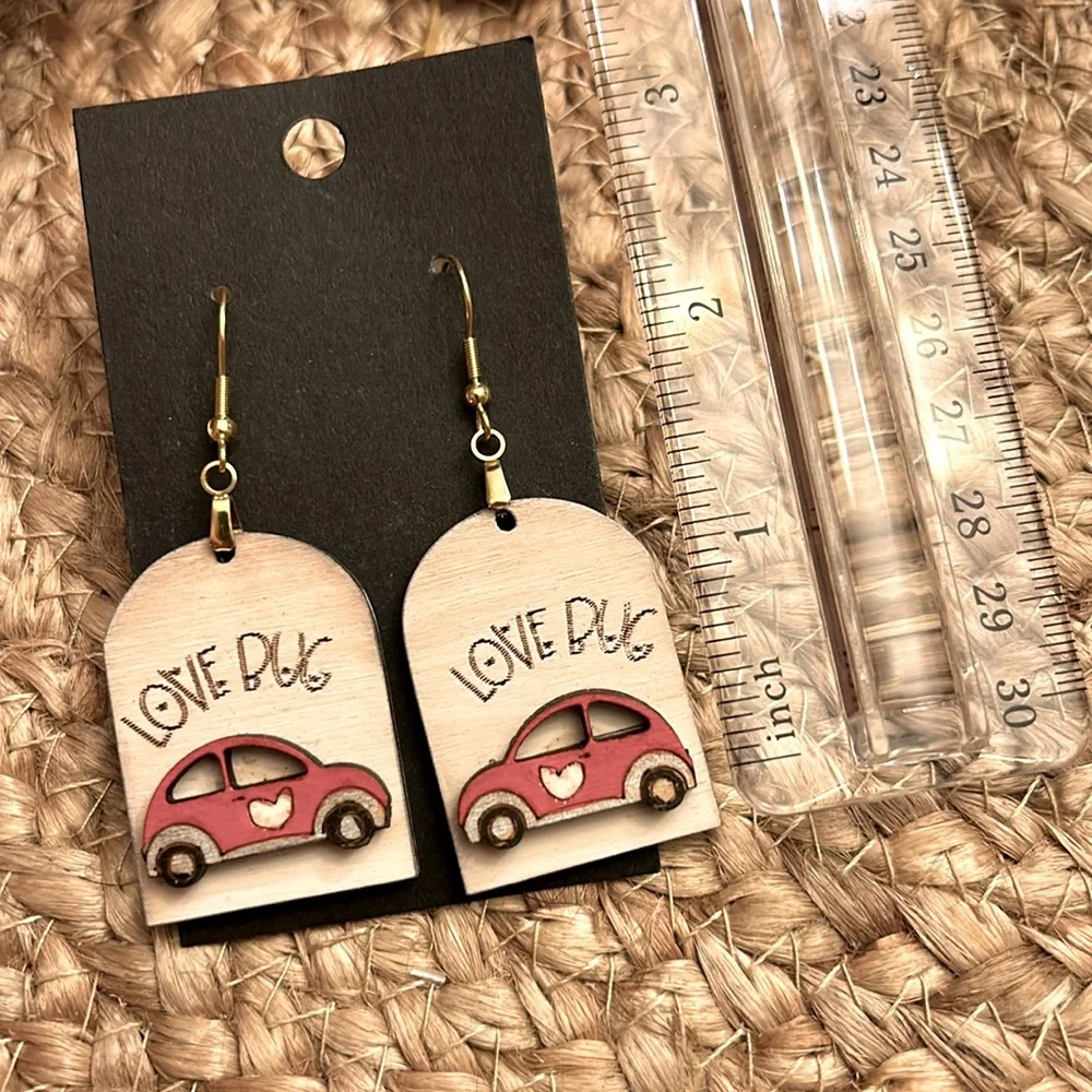 Lovebug Volkswagen Buggie Wood Laser Cut Earrings